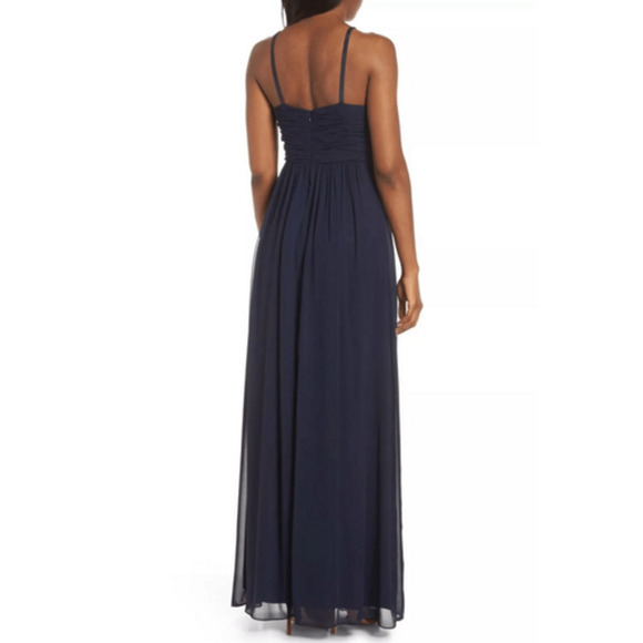 NWT Eliza J Halter Neck‎ Shirred Chiffon Gown in Navy Size 6 Evening Maxi Dress - Picture 2 of 16
